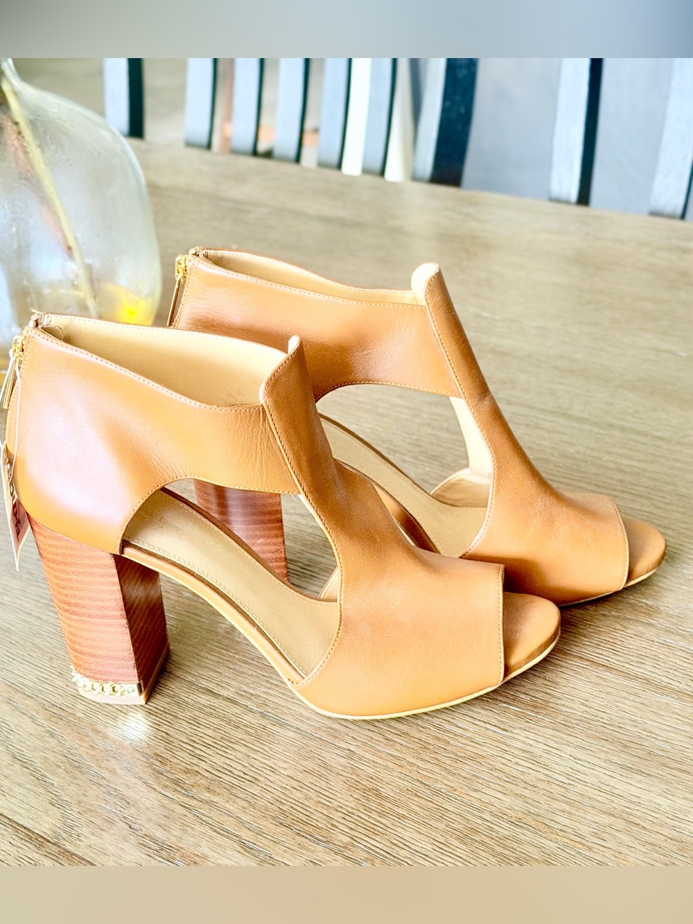 MK Tan Leather Open-Toe Block Heel Sandals - Women